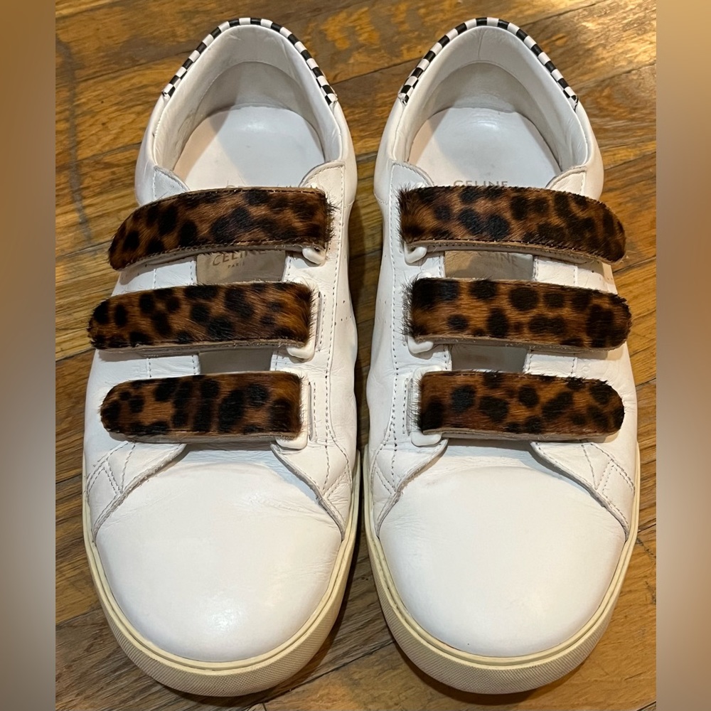 Celine Triomphe designer leopard Ponyhair casual shoes sneakers white Sz 10 43